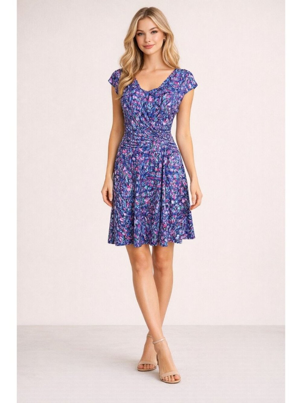 Dress Ruched Waist Purple Womens 8 Blue Multicolor Cap Sleeves Slimming Easter
